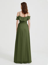 Y Neck Chiffon Dress with Ruffles Sleeves Olive Green