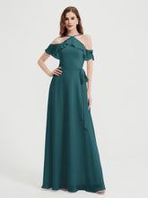 Y Neck Chiffon Dress with Ruffles Sleeves Peacock
