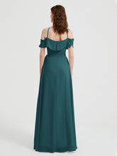 Y Neck Chiffon Dress with Ruffles Sleeves Peacock