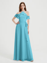 Y Neck Chiffon Dress with Ruffles Sleeves Pool