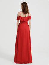 Y Neck Chiffon Dress with Ruffles Sleeves Red