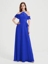 Y Neck Chiffon Dress with Ruffles Sleeves Royal Blue