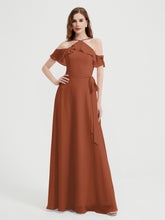 Y Neck Chiffon Dress with Ruffles Sleeves Rust