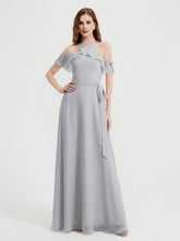 Y Neck Chiffon Dress with Ruffles Sleeves Silver