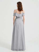 Y Neck Chiffon Dress with Ruffles Sleeves Silver