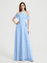 Y Neck Chiffon Dress with Ruffles Sleeves Sky Blue