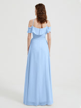 Y Neck Chiffon Dress with Ruffles Sleeves Sky Blue