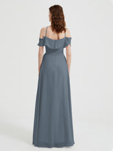 Y Neck Chiffon Dress with Ruffles Sleeves Slate Blue