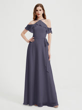 Y Neck Chiffon Dress with Ruffles Sleeves Stormy