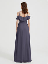 Y Neck Chiffon Dress with Ruffles Sleeves Stormy