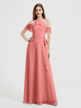 Y Neck Chiffon Dress with Ruffles Sleeves Sunset