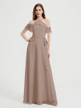 Y Neck Chiffon Dress with Ruffles Sleeves Taupe