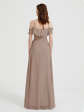 Y Neck Chiffon Dress with Ruffles Sleeves Taupe