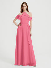 Y Neck Chiffon Dress with Ruffles Sleeves Watermelon