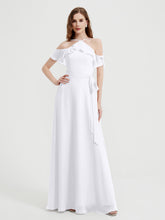 Y Neck Chiffon Dress with Ruffles Sleeves White
