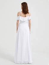 Y Neck Chiffon Dress with Ruffles Sleeves White
