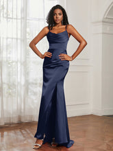 Cowl Neck Mermaid Satin Prom Dress Dark Navy
