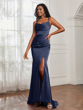 Cowl Neck Mermaid Satin Prom Dress Dark Navy