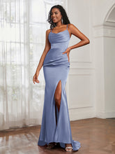 Cowl Neck Mermaid Satin Prom Dress Dusty Blue