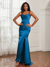 Cowl Neck Mermaid Satin Prom Dress Ocean Blue