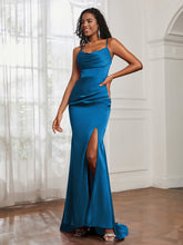 Cowl Neck Mermaid Satin Prom Dress Ocean Blue
