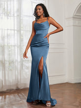 Cowl Neck Mermaid Satin Prom Dress Slate Blue