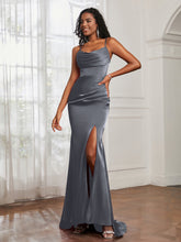 Cowl Neck Mermaid Satin Prom Dress Steel Grey