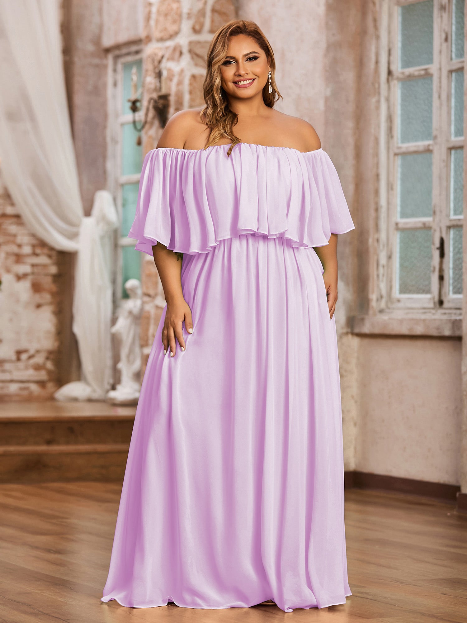 One Shoulder Long Chiffon Bridesmaid Gown Lilac main image 1