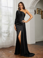 One Shoulder Satin Prom Dress with Slit Black