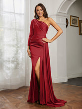 One Shoulder Satin Prom Dress with Slit Burgundy