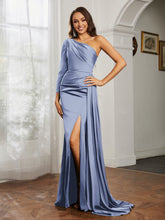 One Shoulder Satin Prom Dress with Slit Dusty Blue