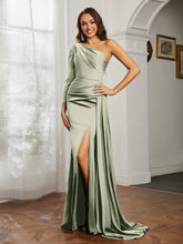 One Shoulder Satin Prom Dress with Slit Dusty Sage