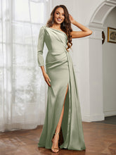 One Shoulder Satin Prom Dress with Slit Dusty Sage