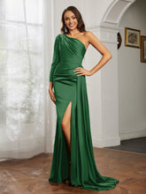 One Shoulder Satin Prom Dress with Slit Emerald