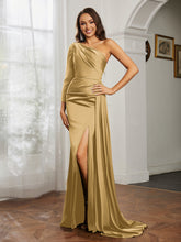 One Shoulder Satin Prom Dress with Slit Gold