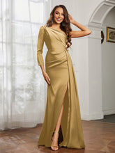 One Shoulder Satin Prom Dress with Slit Gold