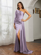 One Shoulder Satin Prom Dress with Slit Lilac