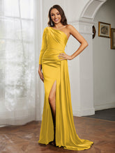 One Shoulder Satin Prom Dress with Slit Marigold