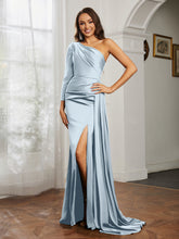 One Shoulder Satin Prom Dress with Slit Mist