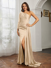 One Shoulder Satin Prom Dress with Slit Peach