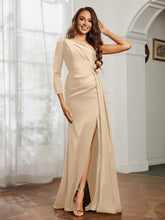 One Shoulder Satin Prom Dress with Slit Peach