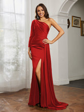 One Shoulder Satin Prom Dress with Slit Red