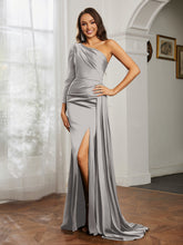 One Shoulder Satin Prom Dress with Slit Silver