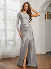One Shoulder Satin Prom Dress with Slit Silver