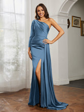One Shoulder Satin Prom Dress with Slit Slate Blue