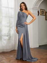 One Shoulder Satin Prom Dress with Slit Steel Grey