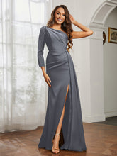 One Shoulder Satin Prom Dress with Slit Steel Grey