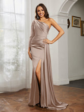One Shoulder Satin Prom Dress with Slit Taupe