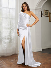 One Shoulder Satin Prom Dress with Slit White