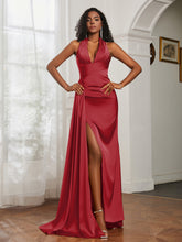 Sheath Halter Neckline Satin Prom Dress Burgundy